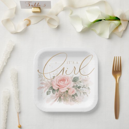 Elegant "It's a Girl" Watercolor Rose and Gold  Paper Plates