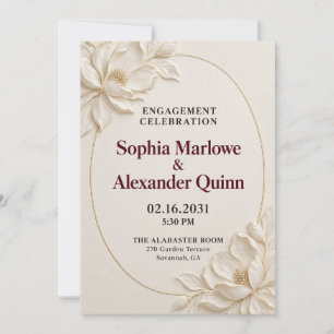 Elegant Ivory 3D Magnolia Gold Engagement Party In Invitation