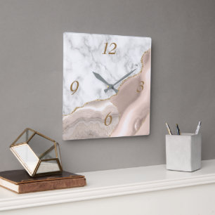 Elegant Ivory Agate Gold Glitter Marble Square Square Wall Clock
