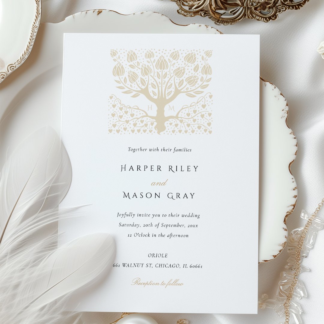 Elegant Ivory and Beige Tree of Life Wedding                    Invitation