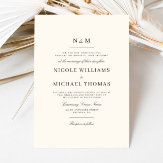Elegant Ivory and Brown Monogram Classic Wedding Invitation