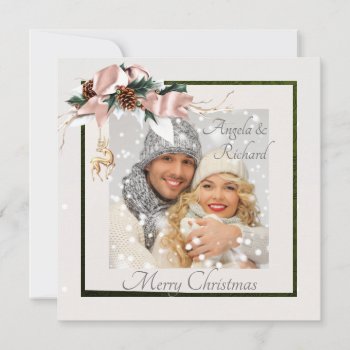 Elegant Ivory And Forest Green Photo Christmas Holiday Card by ChristmasBellsRing at Zazzle