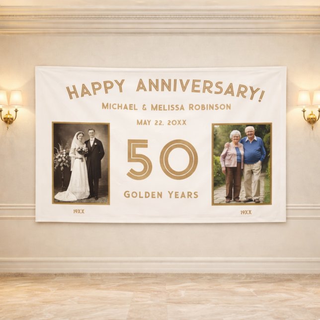 Elegant Ivory and Gold 50th Wedding Anniversary  Banner (Anniversary banner shown on an elegant venue wall)