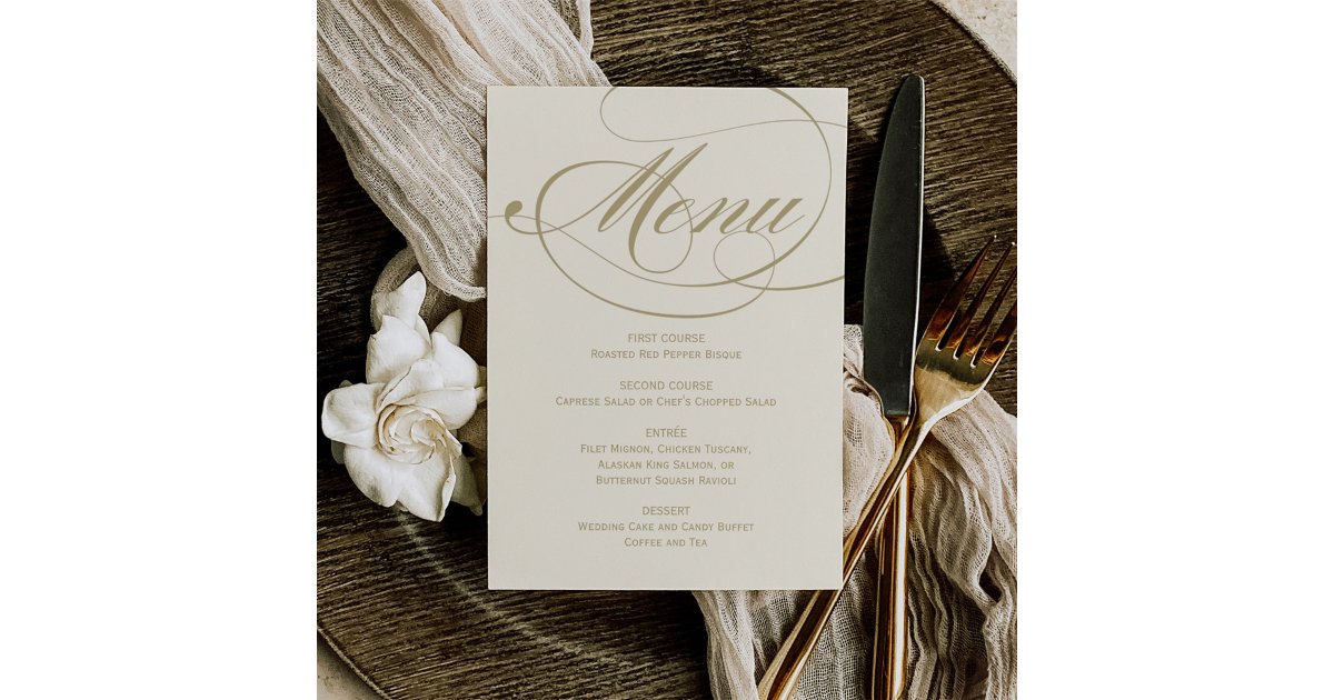 Elegant Ivory and Gold Calligraphy Wedding Menu | Zazzle