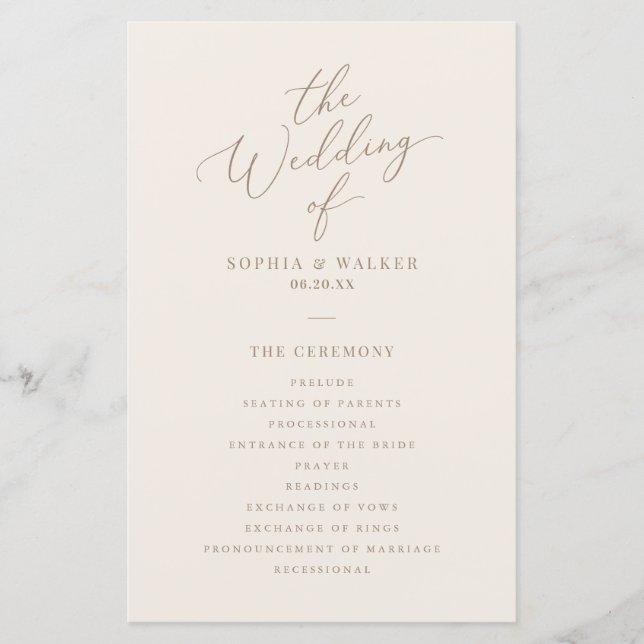 Elegant Ivory and Gold Calligraphy Wedding Program (Front)