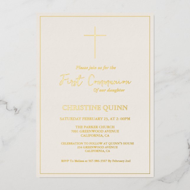 Elegant Ivory and Gold First Holy Communion Foil Invitation (Front)