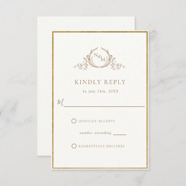 Elegant Ivory and Gold Monogram Wedding RSVP (Front/Back)