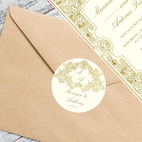Elegant ivory and gold vintage wedding template classic round sticker