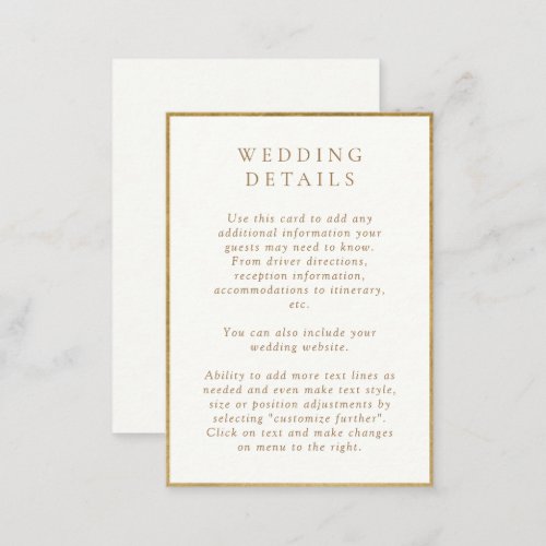 Elegant Ivory and Gold Watercolor Wedding Details Enclosure Card