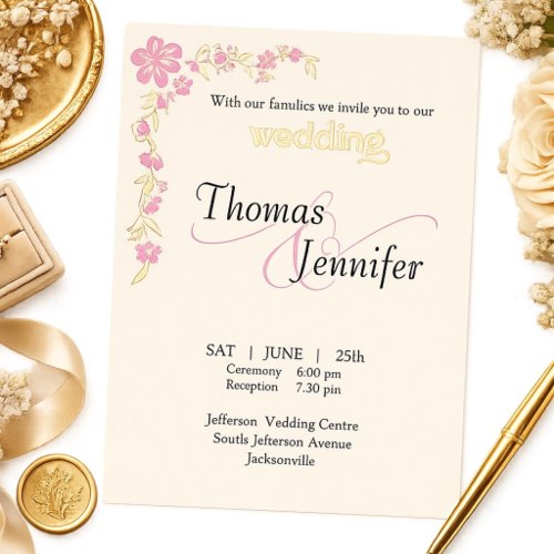 Elegant Ivory and Pink Botanical Wedding Gold Foil Invitation