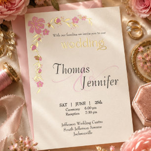 Elegant Ivory and Pink Botanical Wedding Gold Foil Invitation