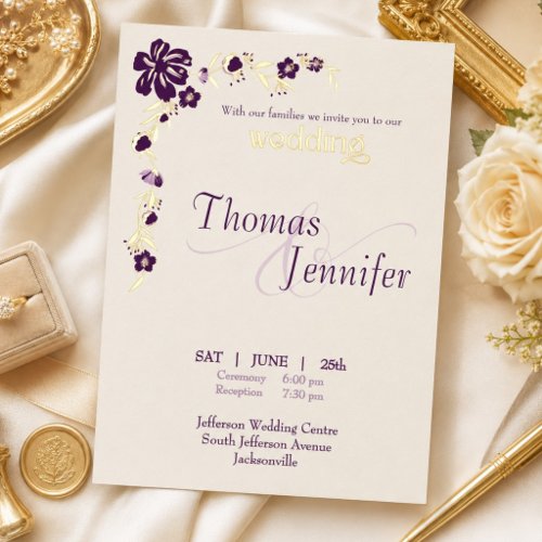 Elegant Ivory and Plum Botanical Wedding Gold Foil Invitation