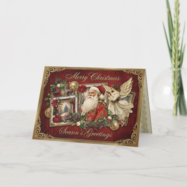 Elegant Ivory and Red Victorian Christmas Collage Holiday Card (Front)