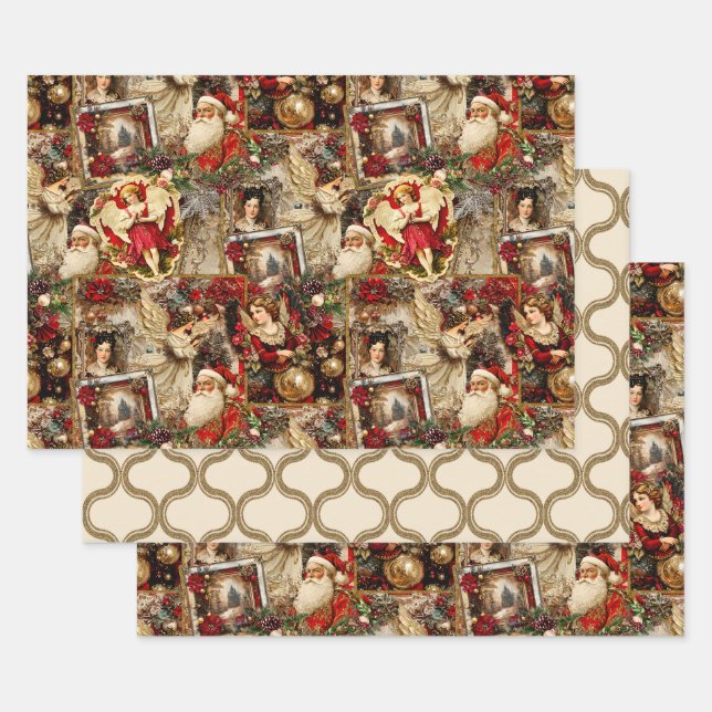 Elegant Ivory and Red Victorian Christmas Collage Wrapping Paper Sheets (Set)