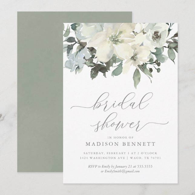 Elegant Ivory and Sage Floral  Bridal Shower Invitation (Front/Back)