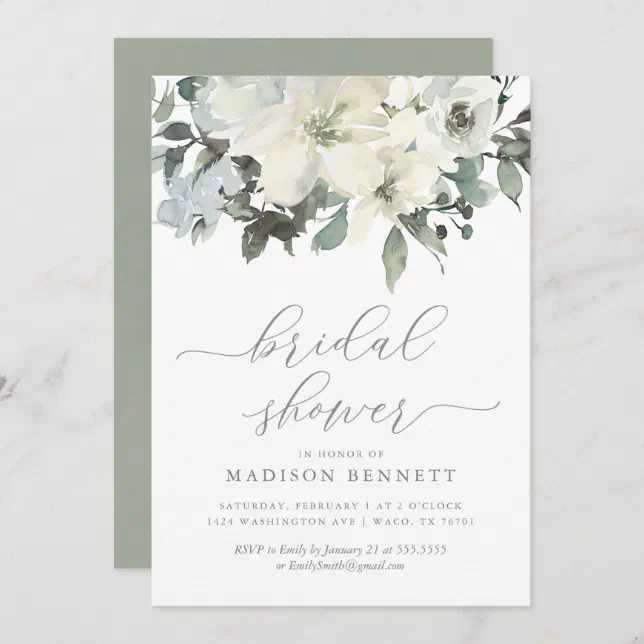 Elegant Ivory and Sage Floral Bridal Shower Invitation | Zazzle