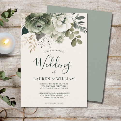 Elegant Ivory and Sage Floral Greenery Wedding Invitation