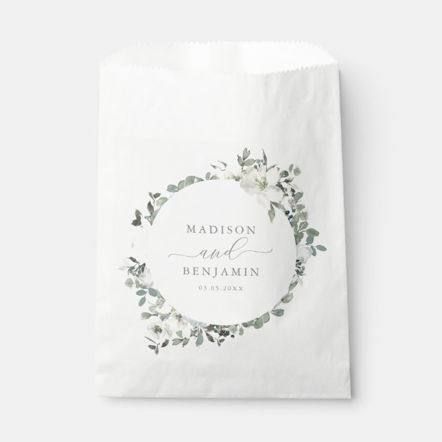 Elegant Ivory and Sage Floral Wedding Favor Bag (Front)