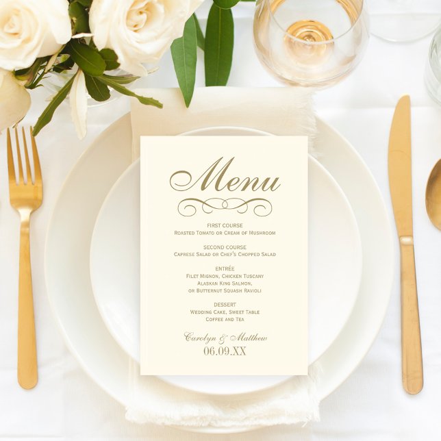 Elegant Ivory Antique Gold Scroll Wedding Monogram Menu (Creator Uploaded)