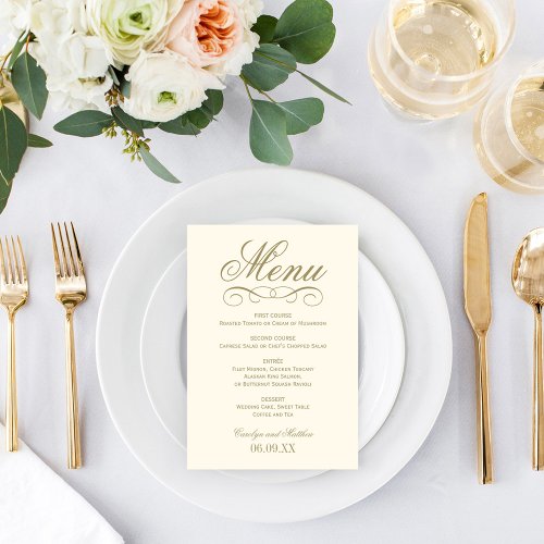 Elegant Ivory Antique Gold Scroll Wedding Monogram Menu