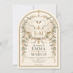 Elegant Ivory Arched Lace Swan Monogram Invitation