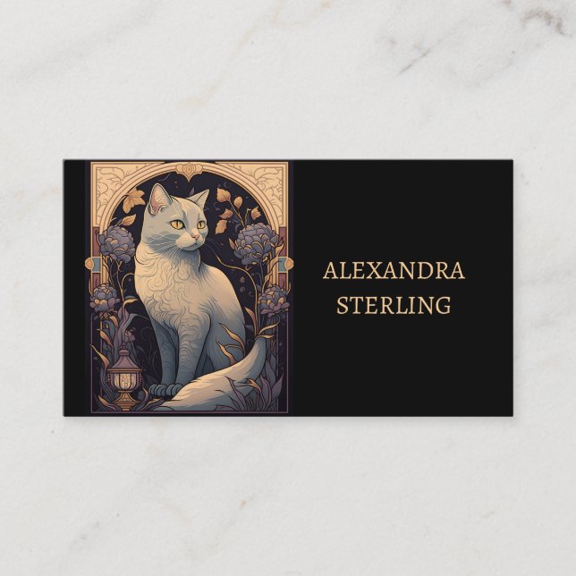 Elegant Ivory Art Nouveau Feline Personalized Business Card (Front)