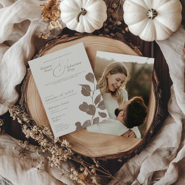 Elegant Ivory & Ash Fall Botanical Photo Wedding Invitation (Creator Uploaded)