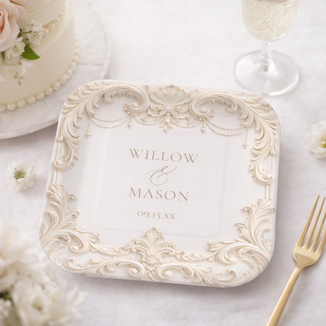 Elegant Ivory Baroque Square Wedding Paper Plates (Elegant Ivory Baroque Square Wedding Paper Plates)