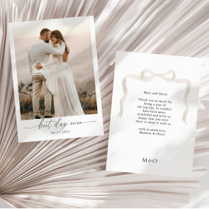 Elegant Ivory Beige Bow Monogram Photo Wedding Thank You Card