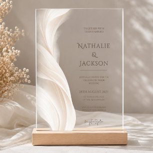 Elegant Ivory Beige Feather Photo Wedding Acrylic Invitations