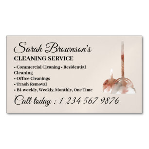 Elegant Ivory Beige Script Broom House Cleaning Business Card Magnet