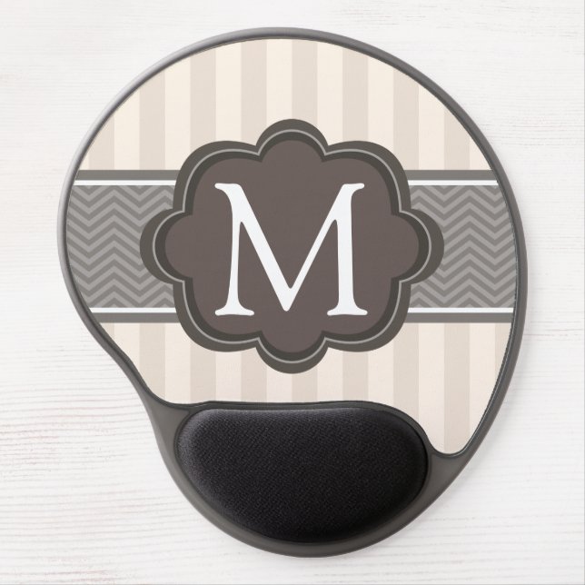 Elegant Ivory Beige Stripes Brown Custom Monogram Gel Mouse Pad (Front)