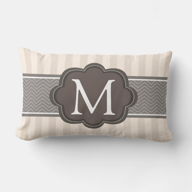 Elegant Ivory Beige Stripes Brown Custom Monogram Lumbar Pillow (Front)
