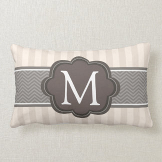 Elegant Ivory Beige Stripes Brown Custom Monogram Lumbar Pillow