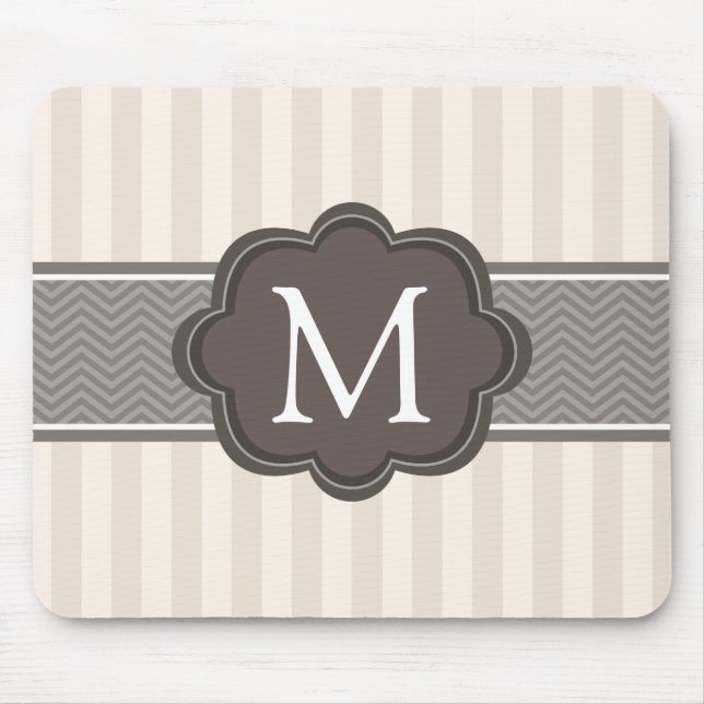 Elegant Ivory Beige Stripes Brown Custom Monogram Mouse Pad (Front)