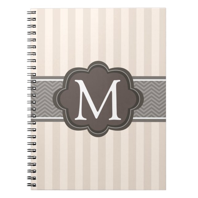 Elegant Ivory Beige Stripes Brown Custom Monogram Notebook (Front)