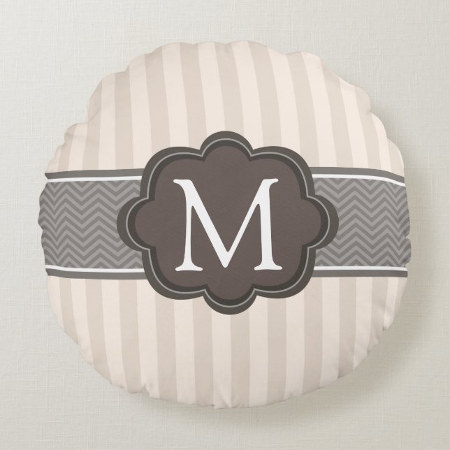 Elegant Ivory Beige Stripes Brown Custom Monogram Round Pillow (Front)