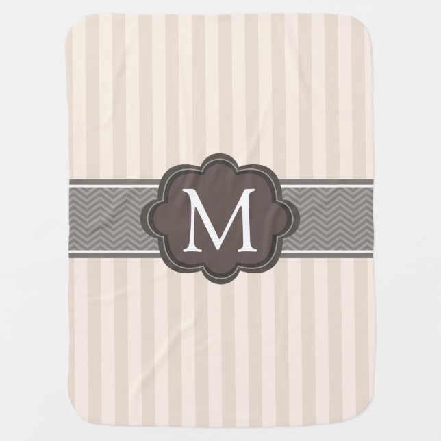 Elegant Ivory Beige Stripes Brown Custom Monogram Stroller Blanket (Front)