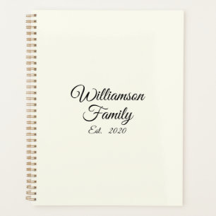 Elegant ivory black custom script family name date planner