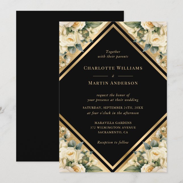 Elegant Ivory Black Gold Geometric Floral Wedding Invitation (Front/Back)