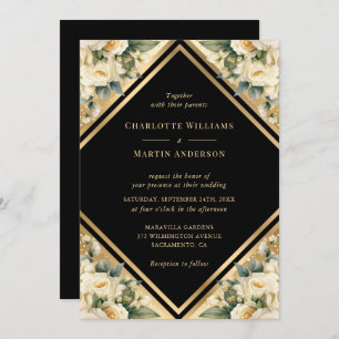 Elegant Ivory Black Gold Geometric Floral Wedding Invitation