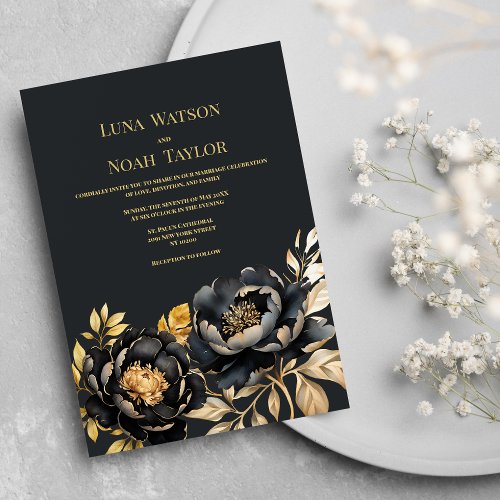 Elegant ivory black gold peony floral Wedding Invitation