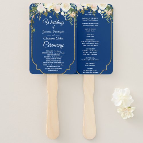 Elegant Ivory Blooms Blue Gold Frame Wedding Hand Fan