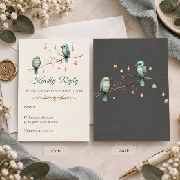 Elegant Ivory Blue Birds Woodland Wedding RSVP Card