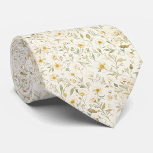Elegant Ivory Botanical Vintage White Yellow Neck Tie
