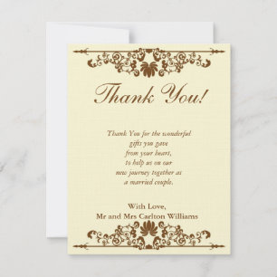 Elegant Ivory/Brown Wedding Flat Thank You Card