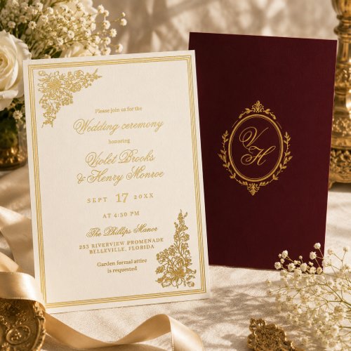 Elegant Ivory & Burgundy Romantic Regency Wedding Foil Invitation
