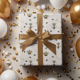 Elegant Ivory Buzzing Royal Queen Bee & Gold Crown Wrapping Paper