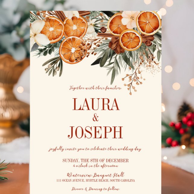 Elegant Ivory Citrus Floral Wedding Invitation (Ivory Orange Citrus Floral Bridal Shower Invitation, Christmas, Fall Autumn, Elegant Modern Wedding)