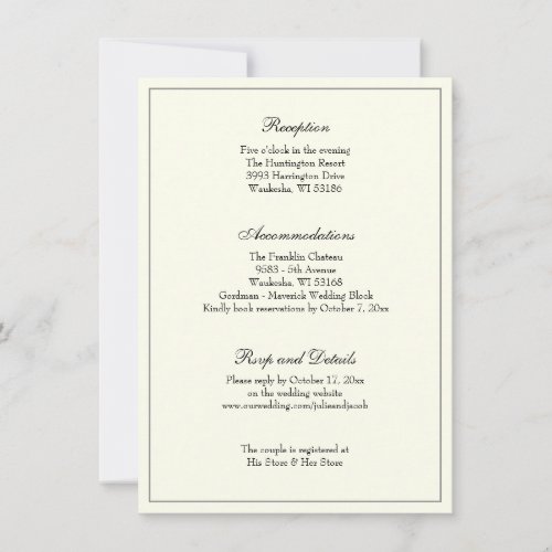 Elegant Ivory Classic Wedding Reception Invitation